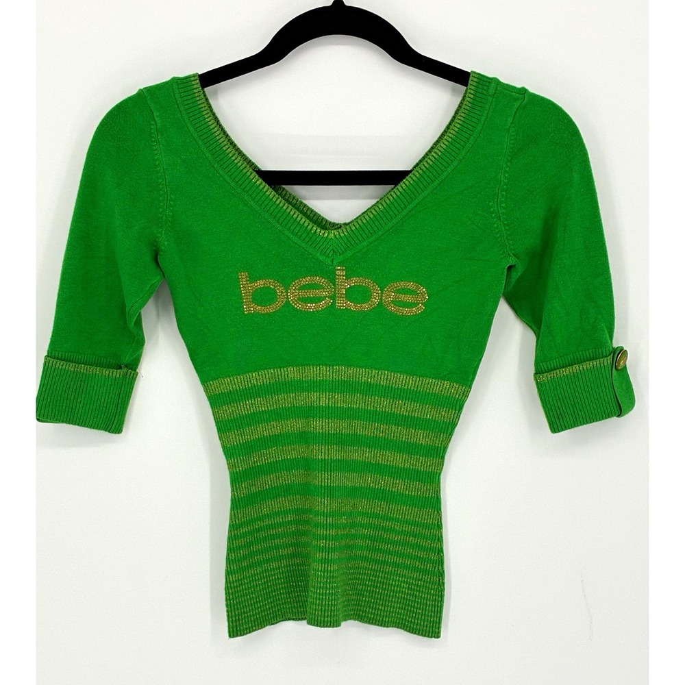 bebe Women's Green V-Neck 3/4 Sleeve Knit Sweater Striped Metallic Logo S